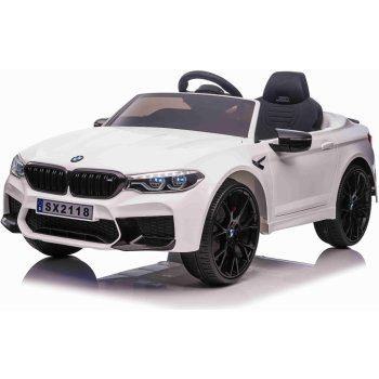 Beneo Elektrické autíčko BMW M5 24V Měkké EVA kola 2 x 24V Kapacita baterií 24V LED Světla 2,4 GHz dálkové ovládání MP3 Přehrávač Koženkové sedátko ORIGINÁL licence bílá