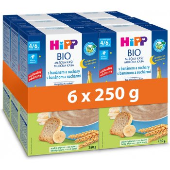 Hipp Bio Mléčná kaše na dobrou noc s banánem a suchary 6 x 250g