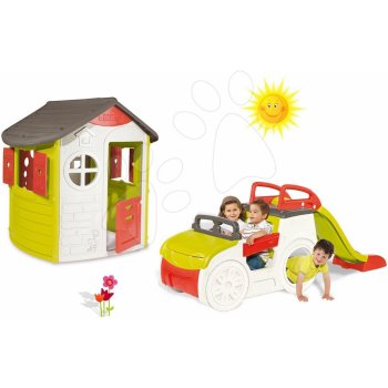 SMOBY 840200-13 preliezačka Adventure Car s pieskoviskom a šmykľavkou + domček Jura Lodge s dvoma dvierkami