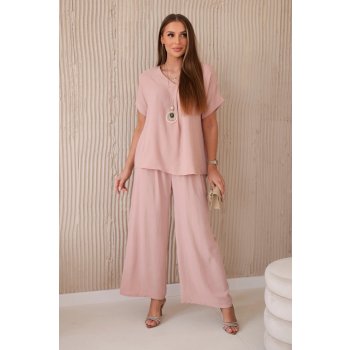 Fashionweek italská souprava halenka a kalhoty s náhrdelníkem K6433 růžová