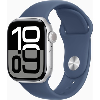 Apple Watch Series 10 46mm stříbrný hliník s denimovým sportovním řemínkem S/M MWWL3QC/A