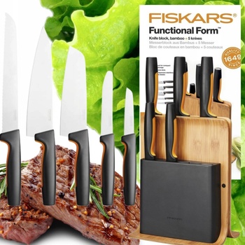 Fiskars SADA 5 KUCHYŇSKÝCH NOŽŮ V BAMBUSOVÉM BLOKU OSTRÉ