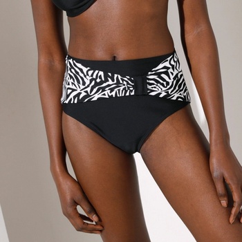 Plavkové jednobarevné kalhotky s vysokým pasem a nařasením s potiskem Zebra černá