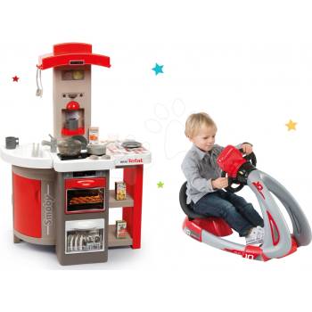Smoby Set kuchyňka skládací elektronická Tefal Opencook Bubble červená se zvukem a magickým bubláním a trenažér s elektronickým simulátorem V8 Driver