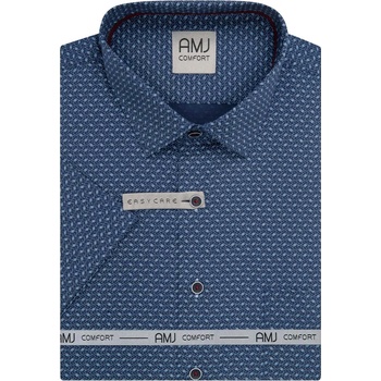 AMJ pánská bavlněná košile čárkami krátký rukáv regular fit VKBR1438 tmavě modrá s modrými cik cak