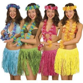 Barevná havajská souprava sukně věnec náramky a čelenka
