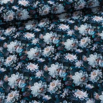 Bavlněný úplet TEPLÁKOVINA DIGÁLNÍ TISK 6-18523, květy na modré, š.140cm (látka v metráži)