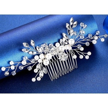 Camerazar Elegantní Stříbrný Svatební Hřeben s Křišťálovou Květinou a Perleťovou Ozdobou, 18 cm x 6 cm