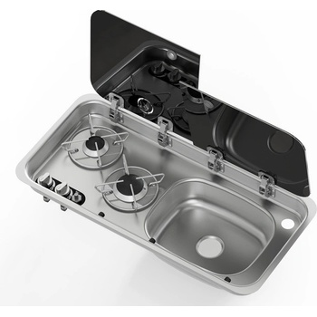 CARBEST Kombinace dřezu a sporáku s dvoudílným skleněným krytem dřez v pravo