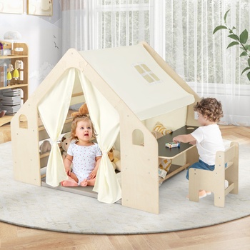 Costway Montessori dětský dřevěný stan ve tvaru domečku 6 v 1