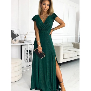 Crystal třpytivé dlouhé šaty s výstřihem 411-1 tmavě zelené