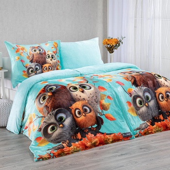 decoDoma povlečení z mikroplyše SOVY tyrkysová 140x200 70x90