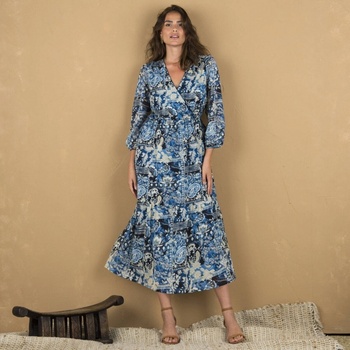 Dlouhé voálové šaty s potiskem modrá džínová