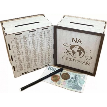 Dřevěná pokladnička škrtací fixa Na Cestování
