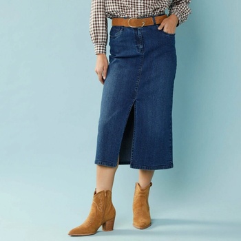 Džínová midi sukně pro menší postavu modrá