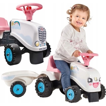 FALK TRAKTOR RAINBOW BÍLO RŮŽOVÝ S VOLANTEM A VLEČKOU
