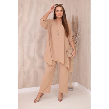 Fashionweek elegantní souprava košile a kalhoty ze vzdušného materiálu K1025 capuccino