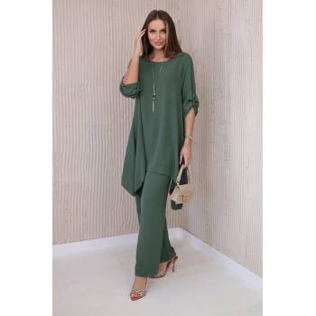 Fashionweek elegantní souprava košile a kalhoty ze vzdušného materiálu K1025 khaki