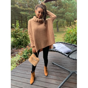 Fashionweek Nádherný pletený kabát pončo s rolákem VANESSA Camel