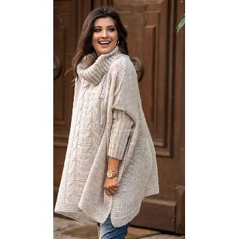 Fashionweek Pletené dámské pončo svetr s rolákem LUNA Béžový