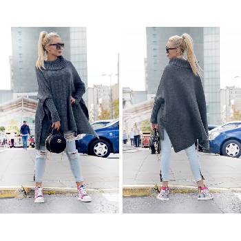 Fashionweek Pletené pončo svetr s rolákem LUNA grafitová