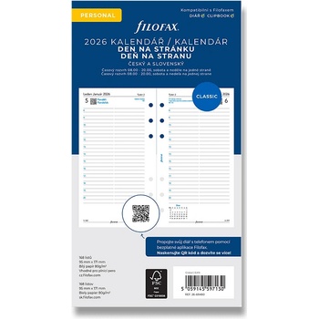 Filofax Denní kalendář 2026 den/1 strana náplň osobních diářů ČJ + SJ A6