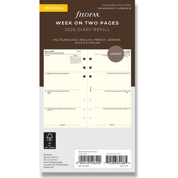 Filofax Týdenní kalendář 2026, týden/2 strany, krémová, 5 jazyků náplň osobních diářů A6