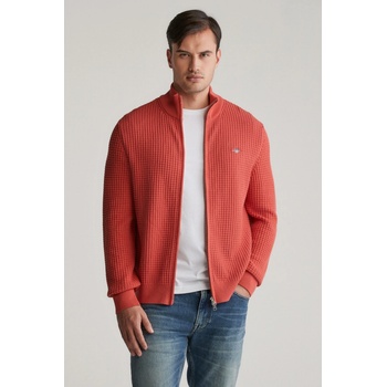 Gant Zipped Textured Cotton Cardigan Brick Red