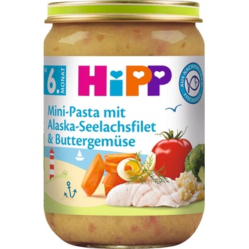 HiPP Příkrm zelenino masový Mini těstoviny s tresky v máslové zelenině 190 g
