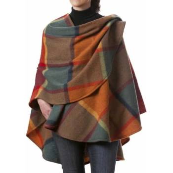 John Hanly Ruana pončo Orange Green Yellow Wine Check Cape