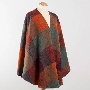 John Hanly Ruana pončo z jehněčí vlny Orange Maroon Sea Green Block