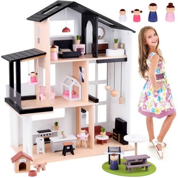 JOKO Dřevěná vila pro panenky Loft s vybavením a panenkami