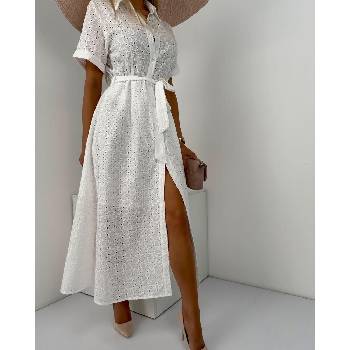 Košilové midi šaty s anglickou výšivkou Bílá