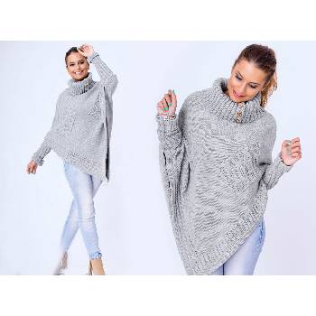 Luxusní Elegantní pončo s teplým rolákem s rukávy šedý