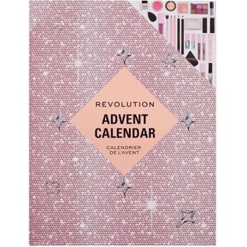 Makeup Revolution London Advent Calendar 2024 rtěnka 4 ks + lesk na rty 3 ks + tužka na rty 2 ks + maska na rty 1 ks + olej na rty 1 ks + štětec na oči 1 ks + mini paletka Reloaded 1 ks + tekuté stíny