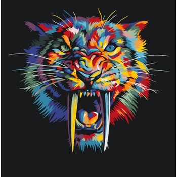 MALUJEŠ Malování podle čísel BAREVNÝ ŠAVLOZUBÝ TYGR Rozměr 50 x 50 cm Rámování vypnuté plátno na rám