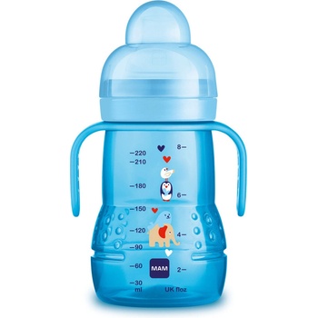 Mam trénovací netekoucí láhev Monster na učení s pítkem a úchyty modrá 220ml