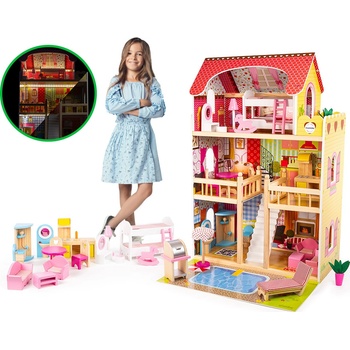 Mamido Domeček pro panenky Stacy XXXL 90cm s bazénem + LED osvětlění 16ks Nábytku