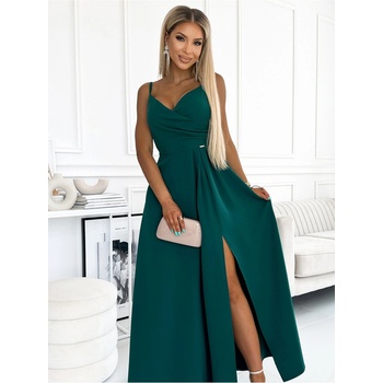 Numoco CHIARA saténové dlouhé šaty na ramínka zelená