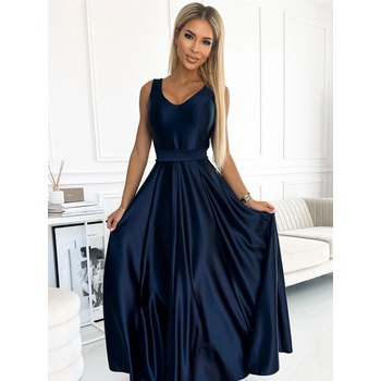 Numoco Cindy saténové šaty s výstřihem a mašlí tmavě modré