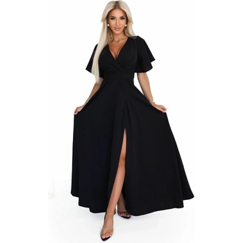 Numoco JENNIFER dlouhé šaty s rozparkem na nohavici rukávy a výstřihem černé 581-7 Černá