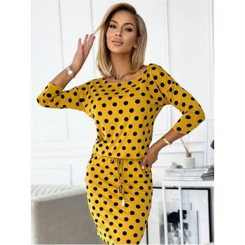 Numoco Sportovní šaty se zavazováním a kapsami hořčicová s černými puntíky