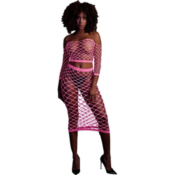 Ouch! Glow in the Dark Long Sleeve Crop Top and Long Skirt Neon Pink