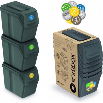 PROSPERPLAST Sada 3 odpadkových košů SORTIBOX I 3 x 20 l šedý kámen