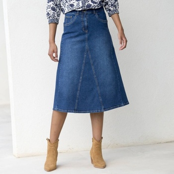 Rozšířená džínová midi sukně sepraná modrá