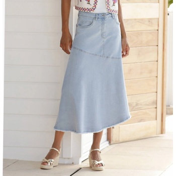 Rozšířená džínová midi sukně v asymetrickém střihu sepraná modrá