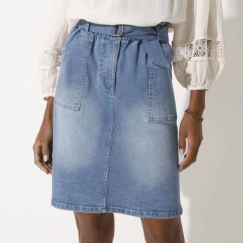 Rozšířená džínová sukně s pružným pasem sepraná modrá