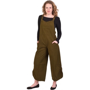 Sanu Babu Dlouhé kalhoty s nastavitelným laclem široké nohavice a kapsy tmavě zelené