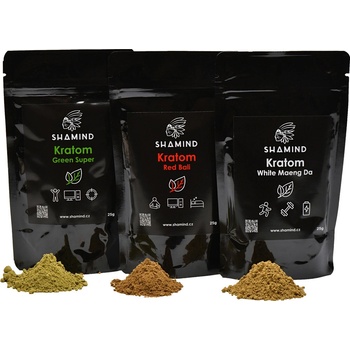 Shamind Kratom starter pack 3*25 g Druh 1: White Super, Druh 2: Green Super