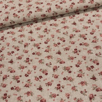 Směsové plátno 2020-44-A růžičky na béžovém melíru, růžová, š.140cm (látka v metráži)